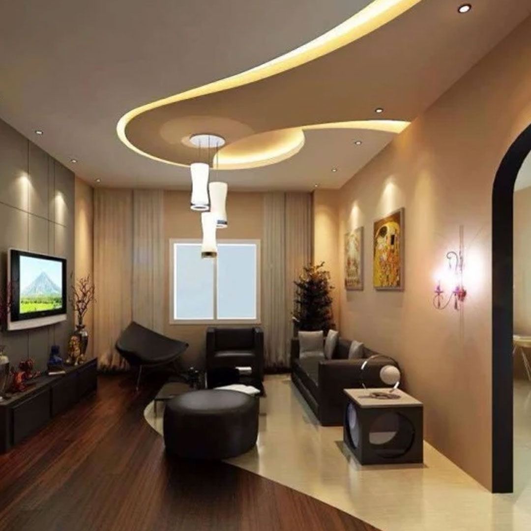 Lounge lit with cove lighting, downlights and pendant fittings