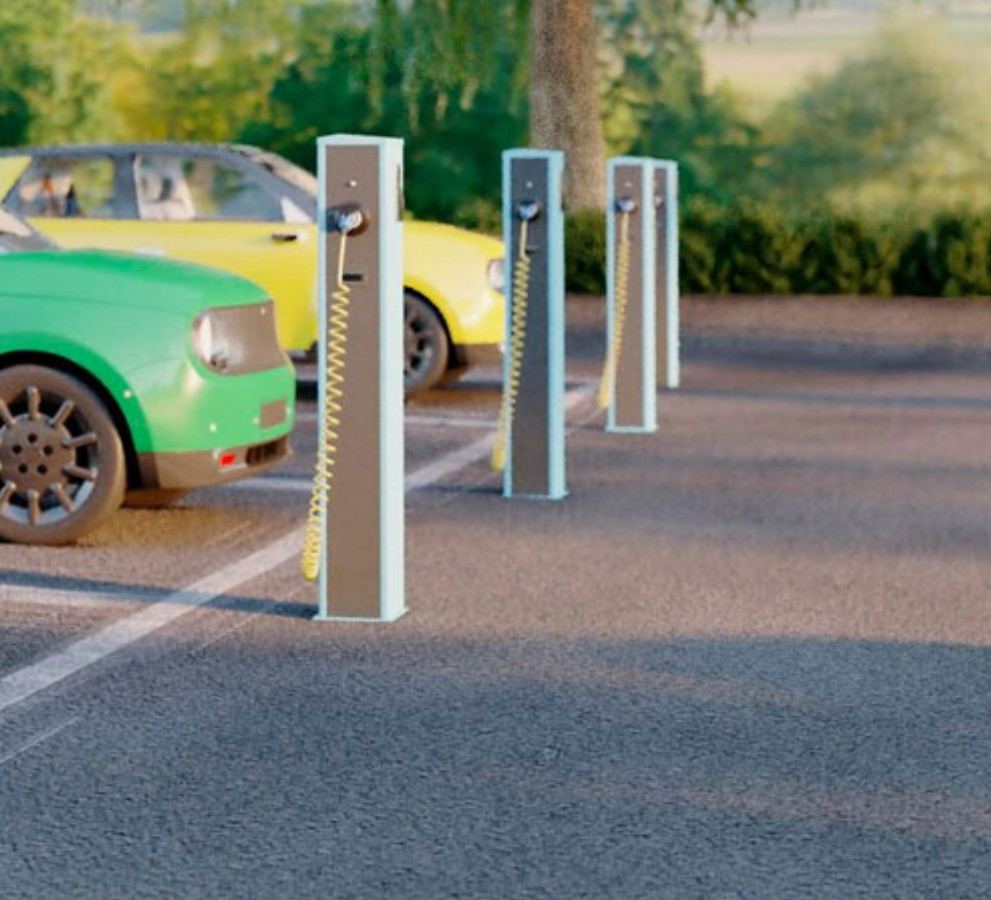 Computer-generated image of EV charging bollards beside parked cars