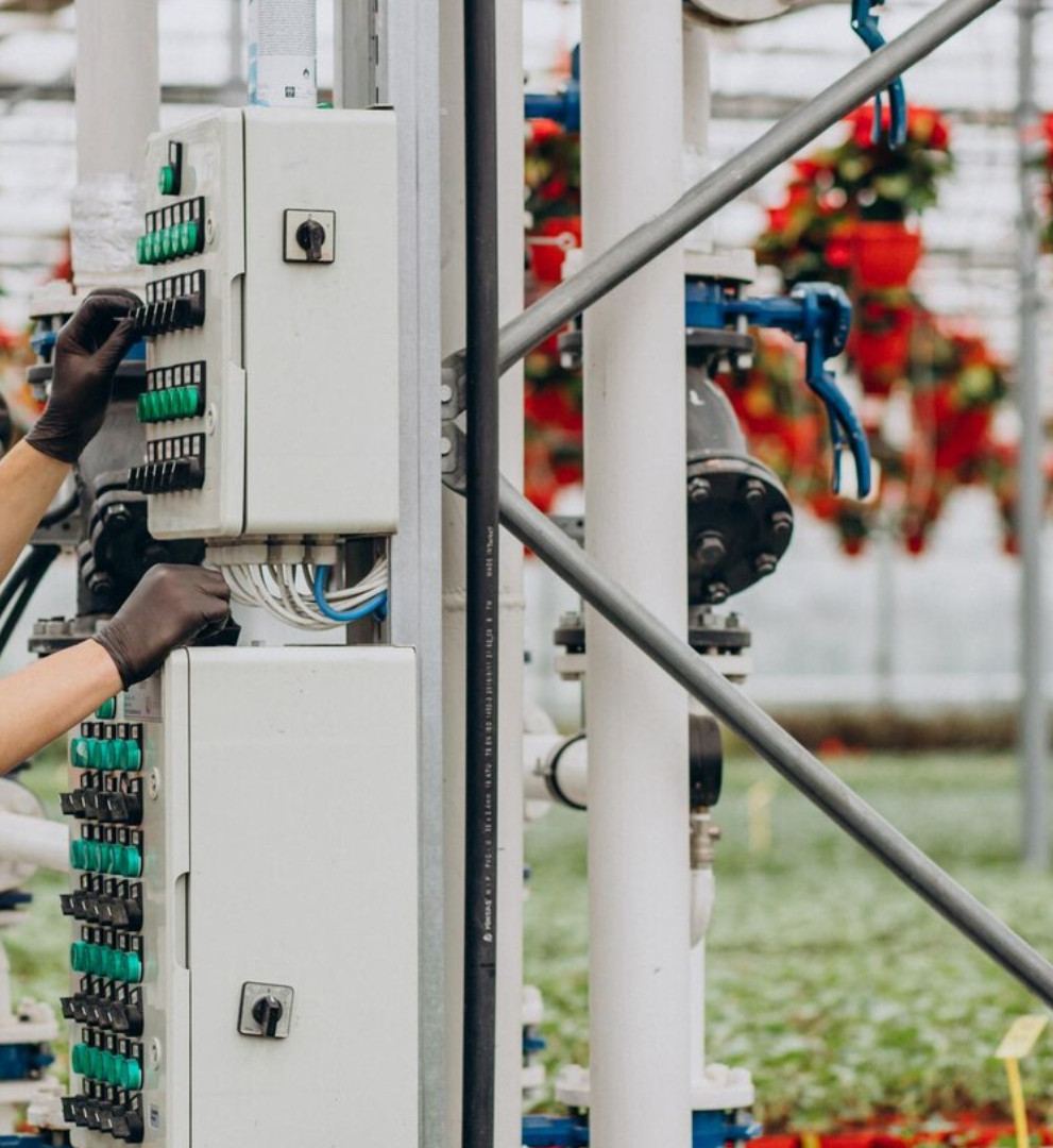 Hands operating rows of green isolator switches on greenhouse control panels