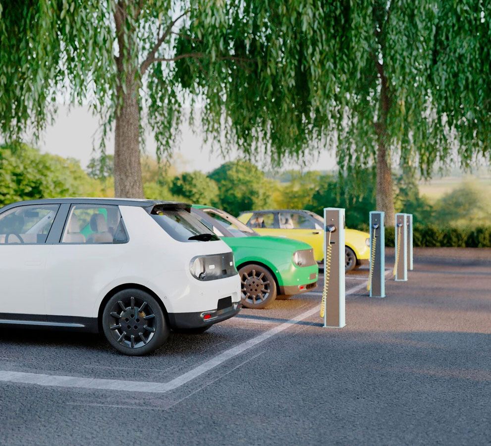 Computer-generated image of electric cars parked at charging bollards under trees