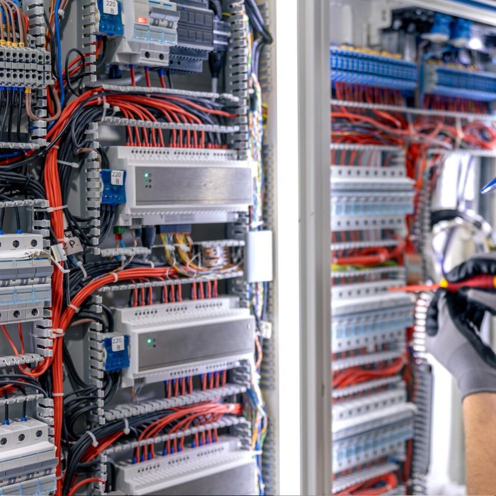 Engineer working inside a large industrial control panel full of breakers