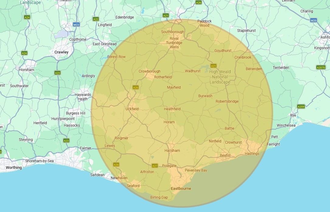Shaded coverage map spanning East Sussex coast up to the Kent border