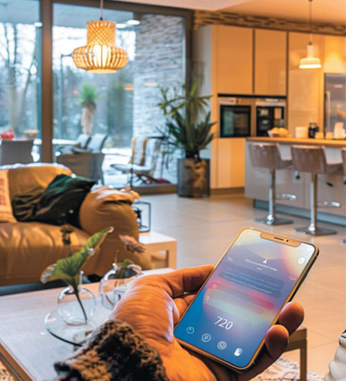 Smartphone running a smart home control app in an open-plan living room