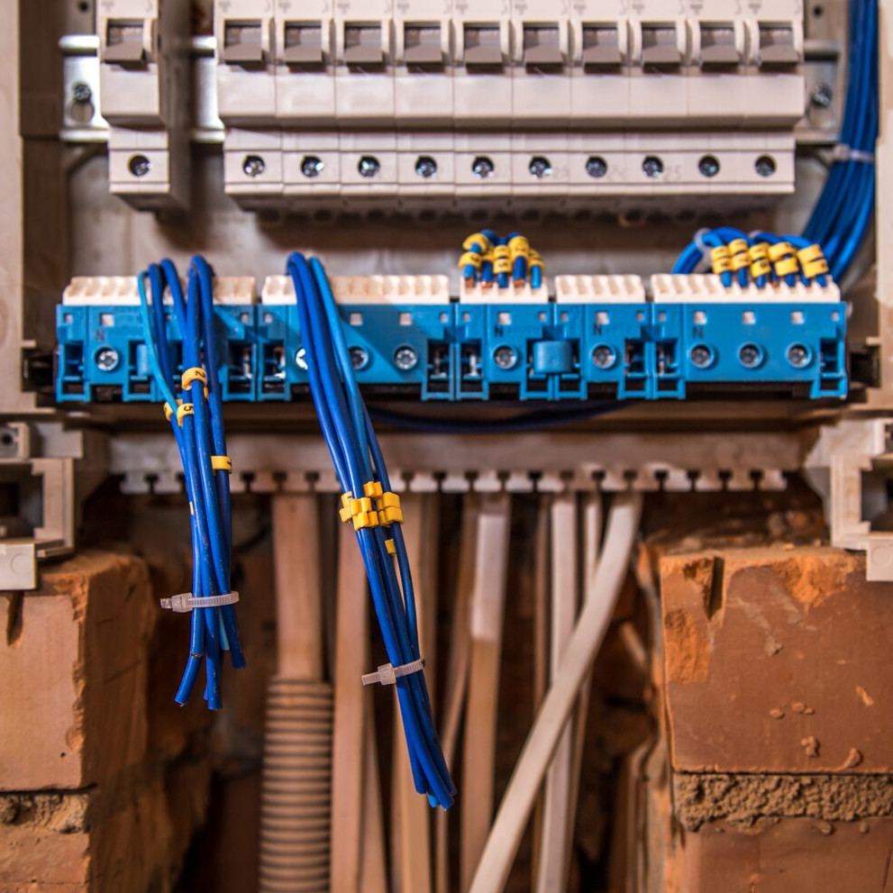 Close-up of circuit breakers and blue neutral bars inside an open distribution board